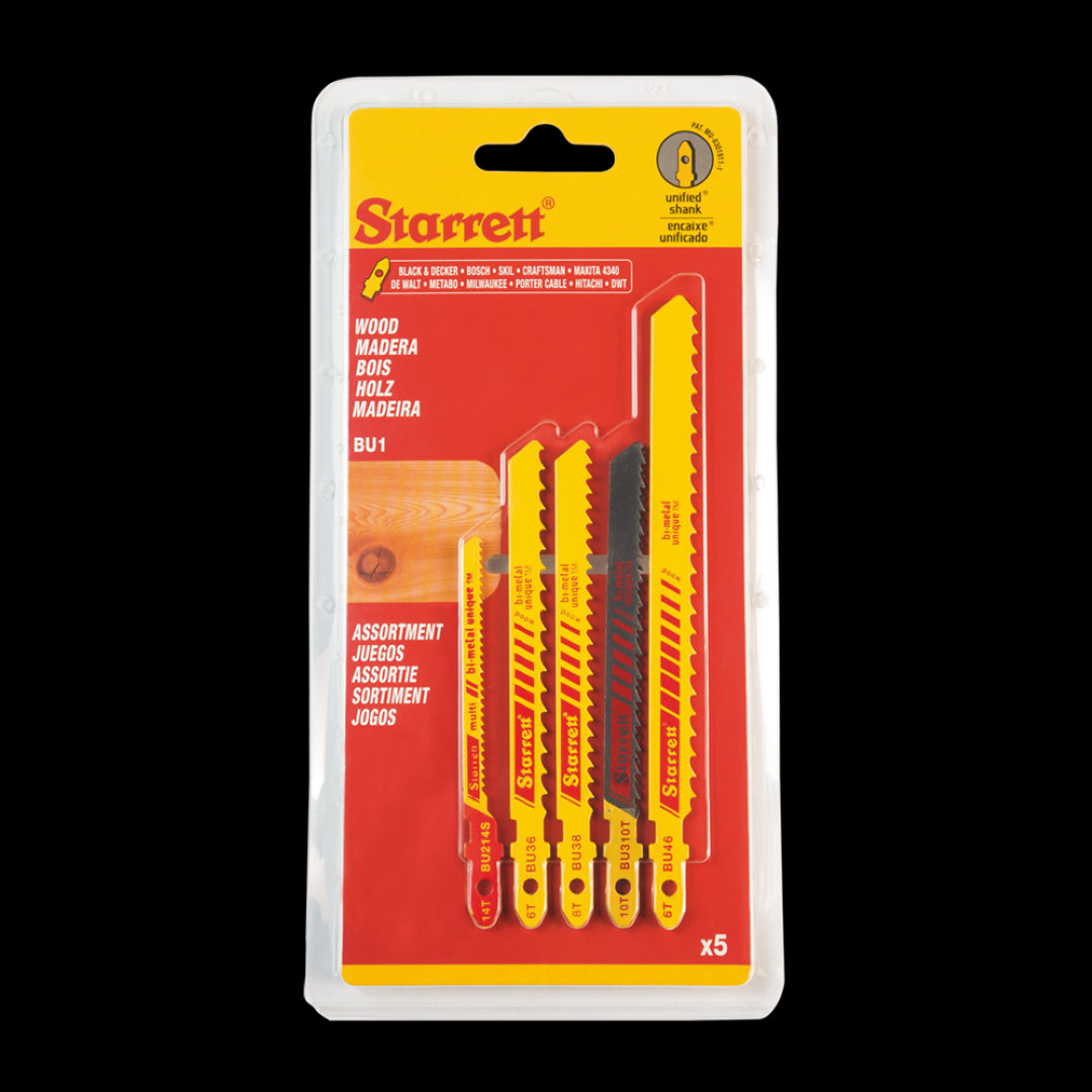 STARRETT Assorted Jigsaw 5pc set featuring durable bi-metal blades for versatile woodworking and clean cuts on various materials.