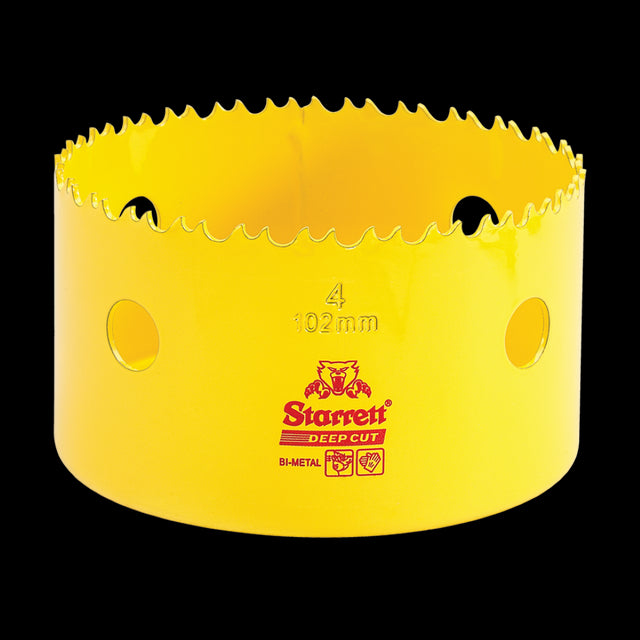 STARRETT 102mm Deep Cut Holesaw featuring durable HSS teeth, alloy backing, and 2-inch cutting depth for precision cutting in various materials.