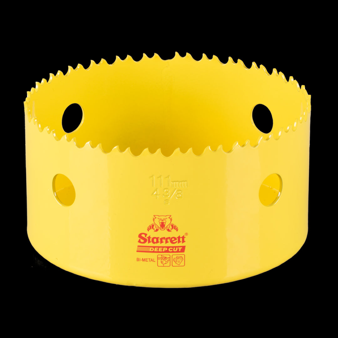 STARRETT 111mm Deep Cut Holesaw with durable HSS teeth designed for precision cutting in wood, metal, and steel.