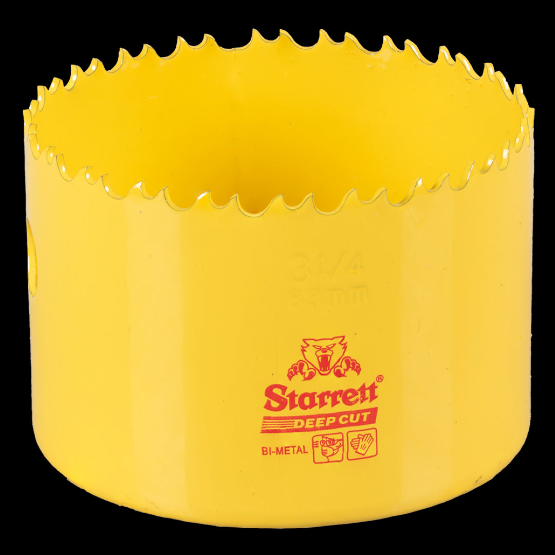 STARRETT 83mm Deep Cut Holesaw with HSS teeth for precise cutting in wood, metal, and steel; strong, shatter-resistant design.