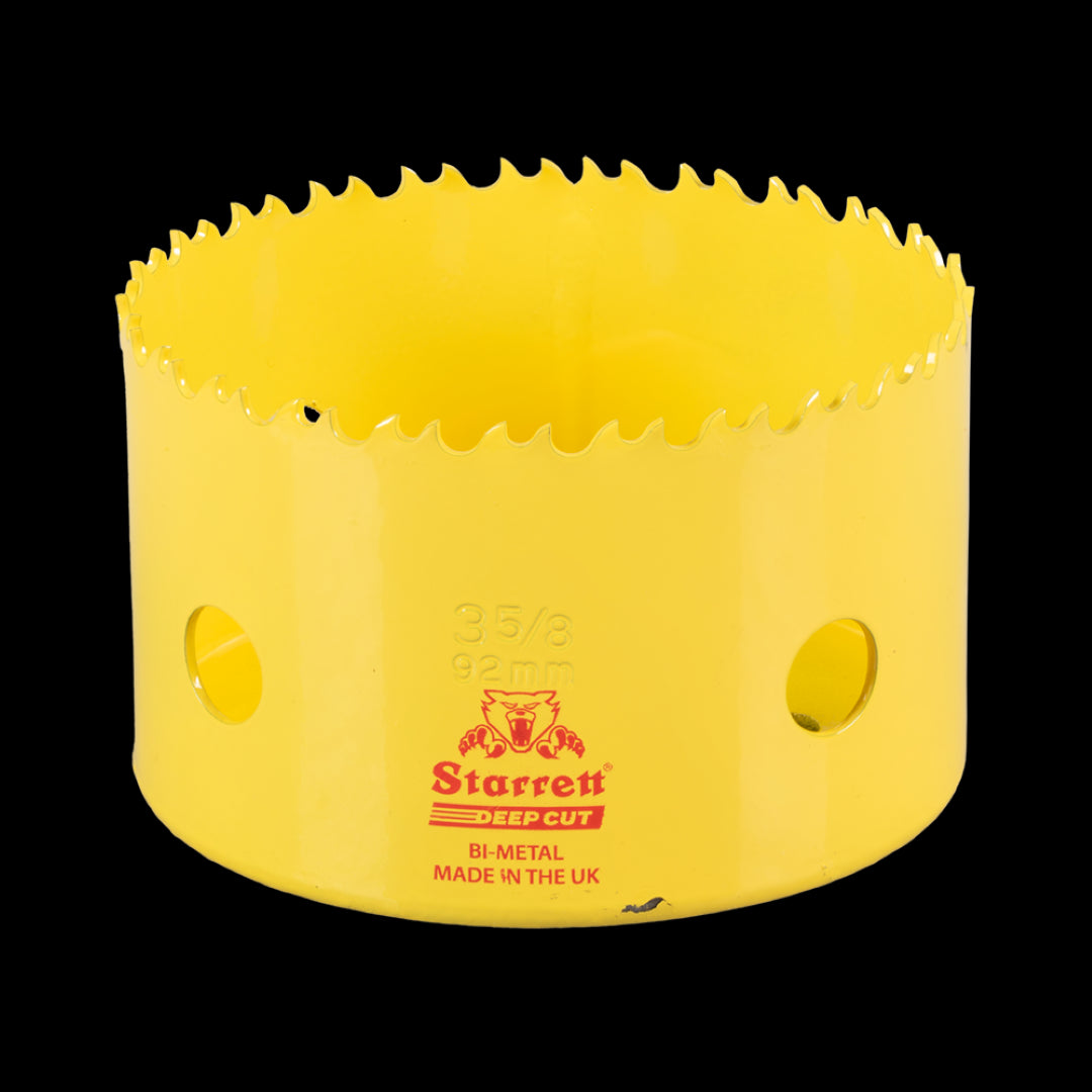 STARRETT 92mm Deep Cut Holesaw with HSS teeth for durable cutting through wood, metal, and steel; strong and shatter-resistant design.