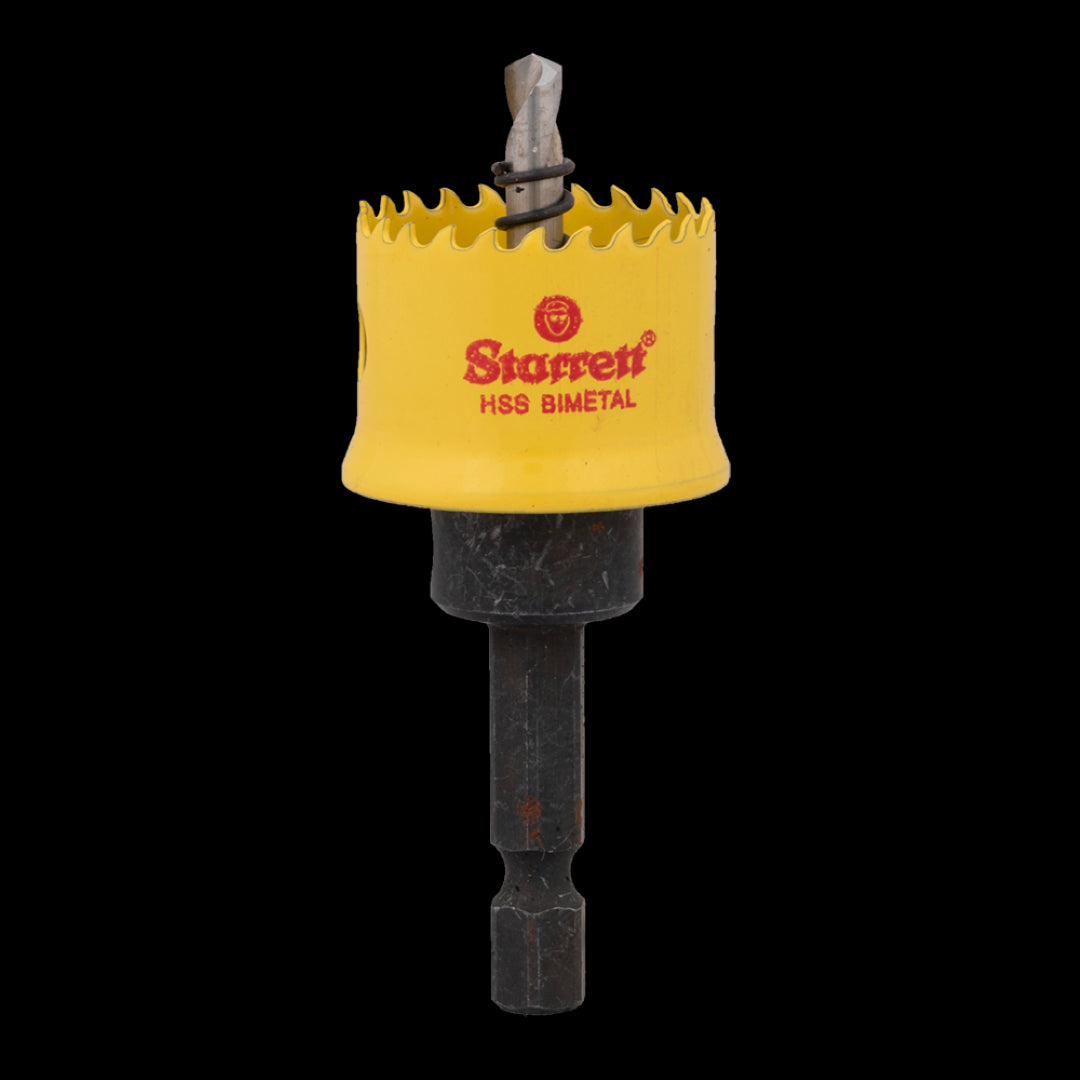 STARRETT 25mm Smooth Holesaw with arbor and pilot drill for precise cuts in metal, wood, and plasterboard, featuring 1/2" depth control.