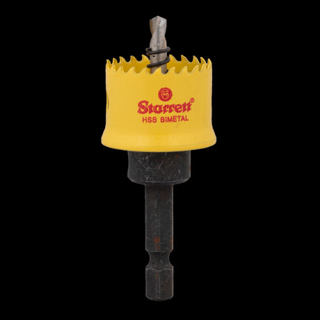 STARRETT 25mm Smooth Holesaw with arbor and pilot drill for precise cuts in metal, wood, and plasterboard, featuring 1/2" depth control.