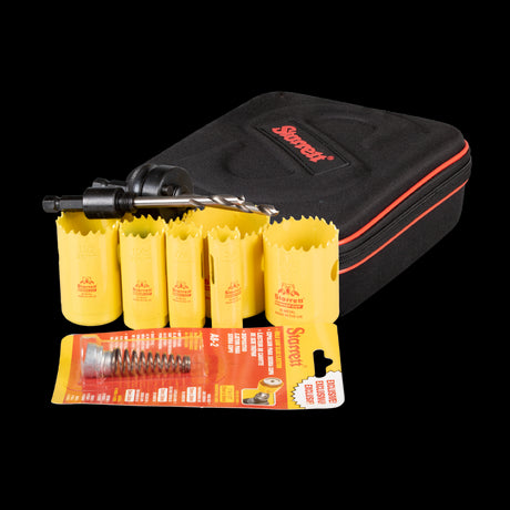 STARRETT Plumbers Holesaw Set featuring deep cut bi-metal saws, durable and precise for drilling wood, metal, and steel.