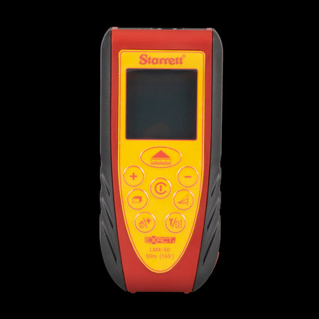 STARRETT 50m Distance Measurer: Laser tool for precise length, area, and volume measurements, featuring ergonomic design and clear LCD display.