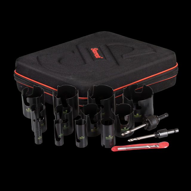 STARRETT TCT Holesaw Set - 11pc: A durable kit with carbide-tipped saws for clean cuts in wood, metal, and plastic, stored in a portable case.