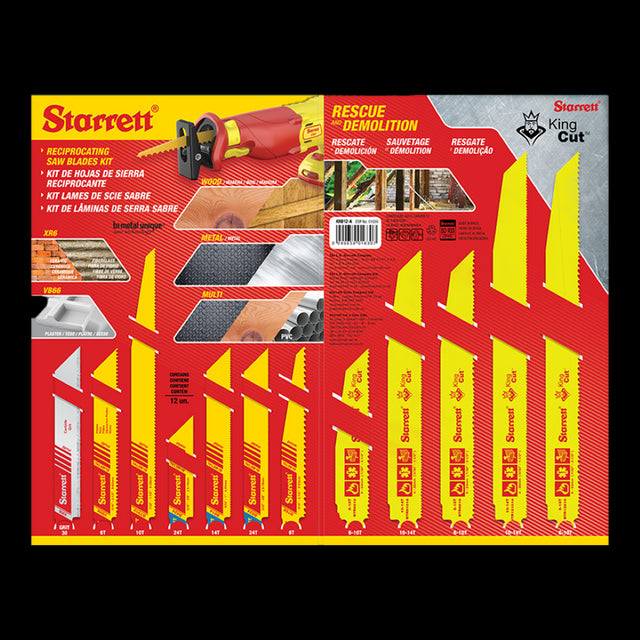 STARRETT 12pc Reciprocating Blade Kit, ideal for cutting wood and metal with precision and durability for pros and DIYers.