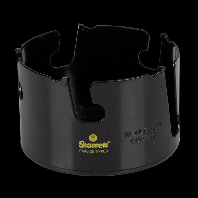 Tungsten carbide tipped STARRETT 118mm holesaw for aggressive, precise cutting in wood, MDF, plastics, and ceramics.