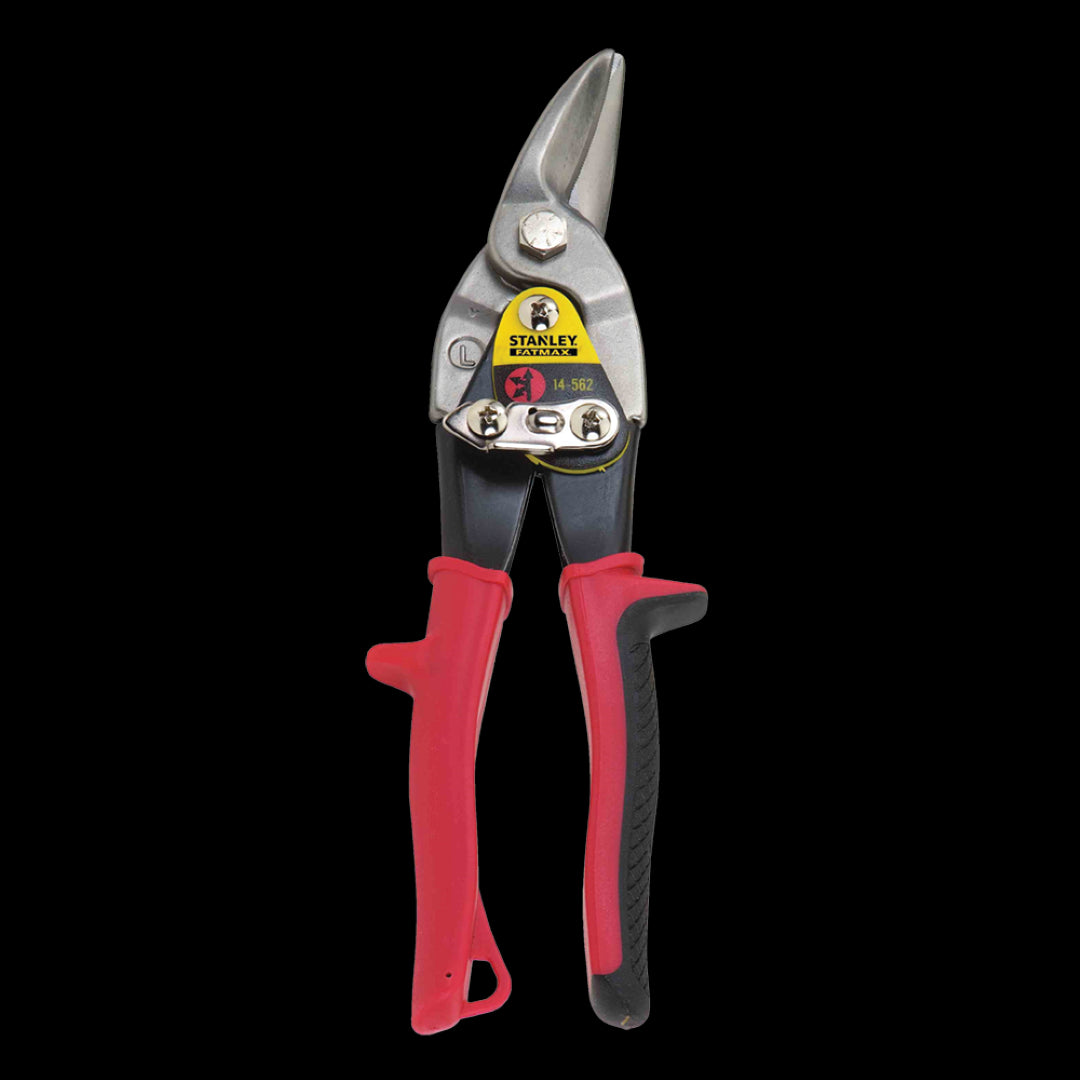 Bright red STANLEY left-cut aviation snips featuring ergonomic handles, perfect for precise cuts in metal and other materials.