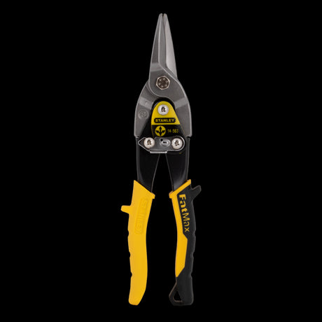 Bright yellow STANLEY Aviation Snip for precision straight cuts in metal and fabric; ergonomic design for comfortable use.