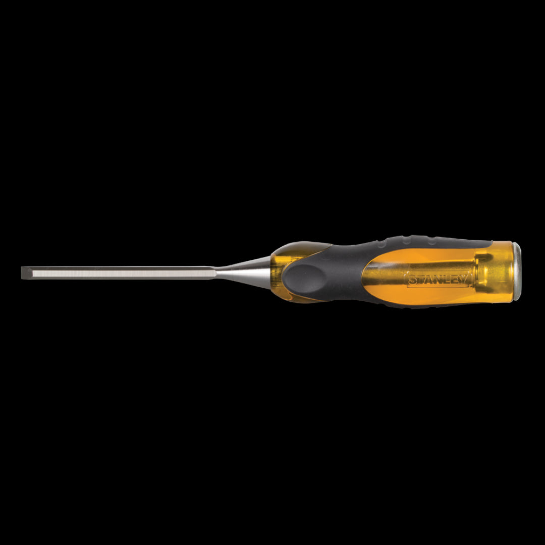 STANLEY 6mm Dyna Grip Chisel with durable blade, shatterproof handle, and steel striking cap for precise woodworking.