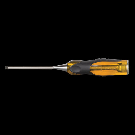 STANLEY 6mm Dyna Grip Chisel with durable blade, shatterproof handle, and steel striking cap for precise woodworking.