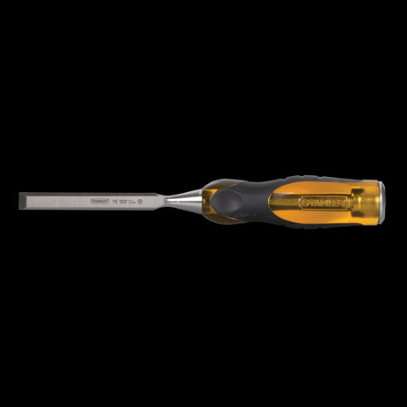 STANLEY 12mm Dyna Grip Chisel with a precision bevel-edged blade, shatterproof handle, and integrated steel striking cap.