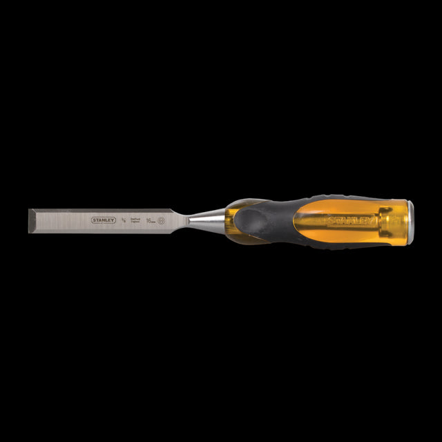 STANLEY 16mm Dyna Grip Chisel with ergonomic handle, steel cap, and EN31 grade steel blade for precision woodworking.