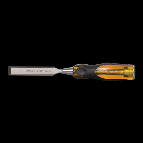 STANLEY 18mm Dyna Grip Chisel featuring a shatterproof handle, steel striking cap, and bevel-edged EN31 steel blade.