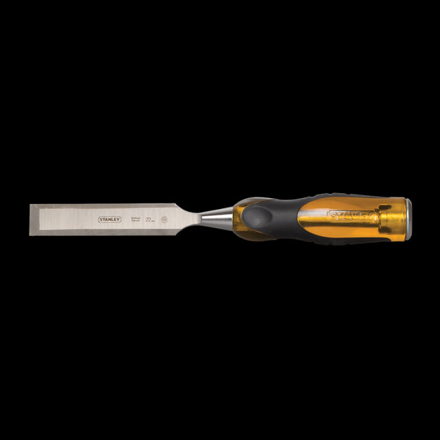 STANLEY 22mm Dyna Grip Chisel with shatterproof handle, steel cap, and bevel-edged EN31 steel blade for precise woodworking.