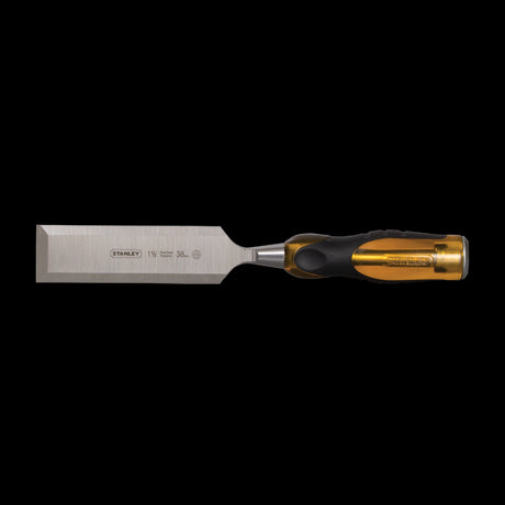 38mm Dyna Grip Chisel featuring a durable EN31 steel blade, ergonomic polymer handle, and steel striking cap for precision woodworking.