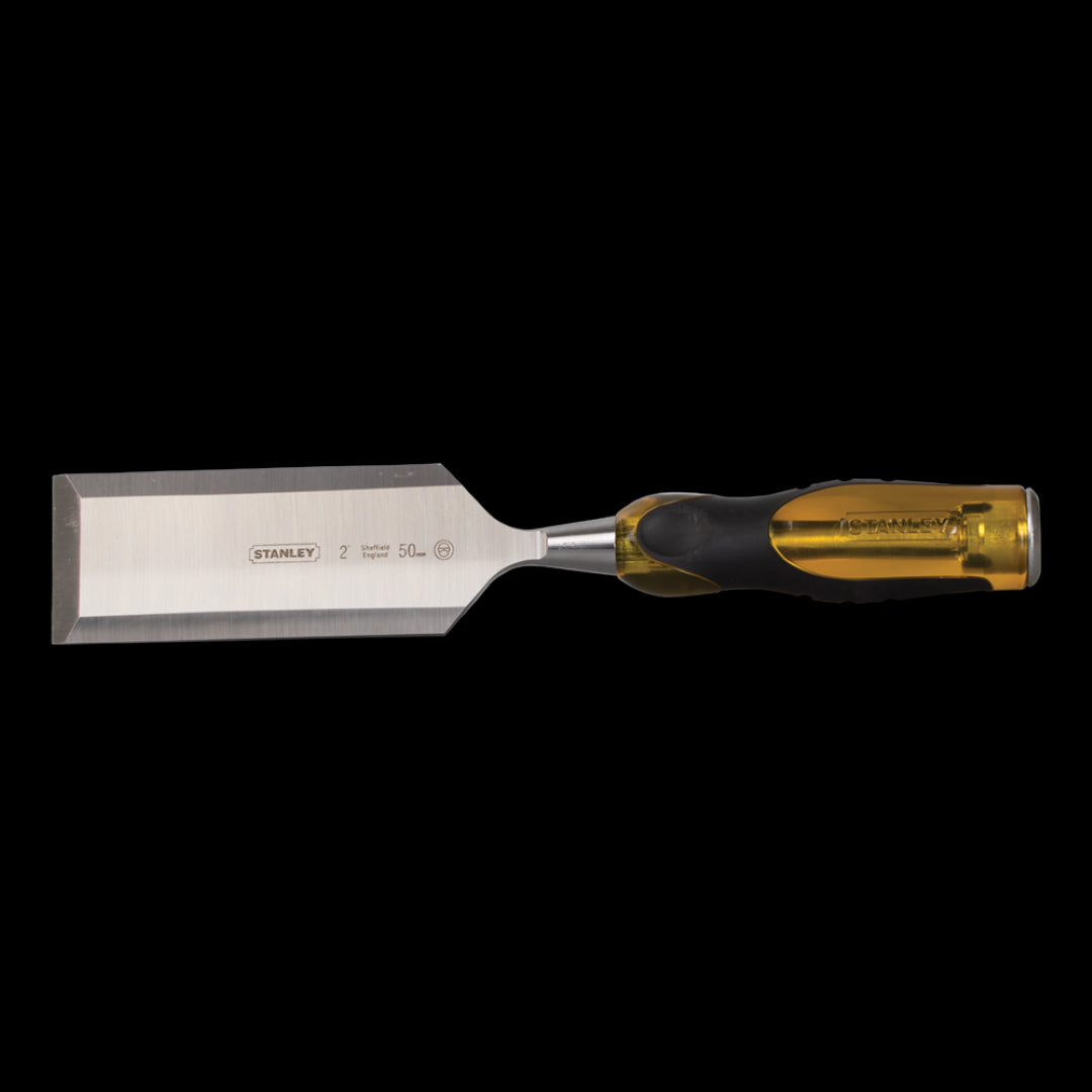 STANLEY 50mm Dyna Grip Chisel featuring a durable polymer handle, steel striking cap, and high-quality EN31 steel blade for precision woodworking.