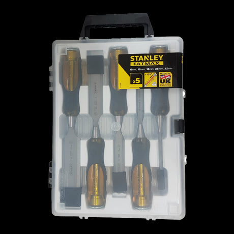 STANLEY Dyna Grip Chisel Set - 5pc includes high-carbon steel chisels with ergonomic handles for precision woodworking tasks.