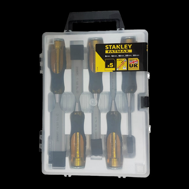 STANLEY Dyna Grip Chisel Set - 5pc includes high-carbon steel chisels with ergonomic handles for precision woodworking tasks.