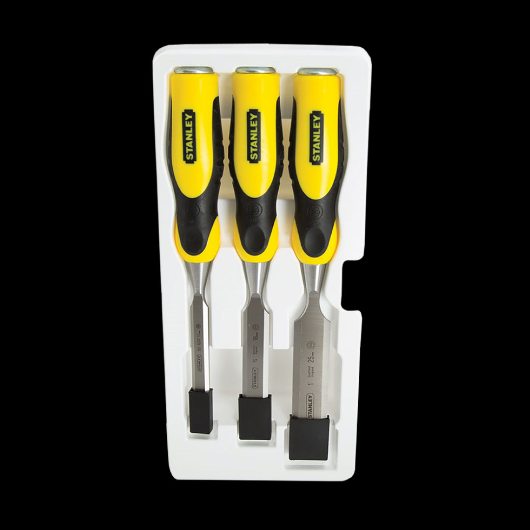 Three-piece STANLEY Dynagrip Chisel Set featuring comfortable grips and precision blades for efficient woodworking.