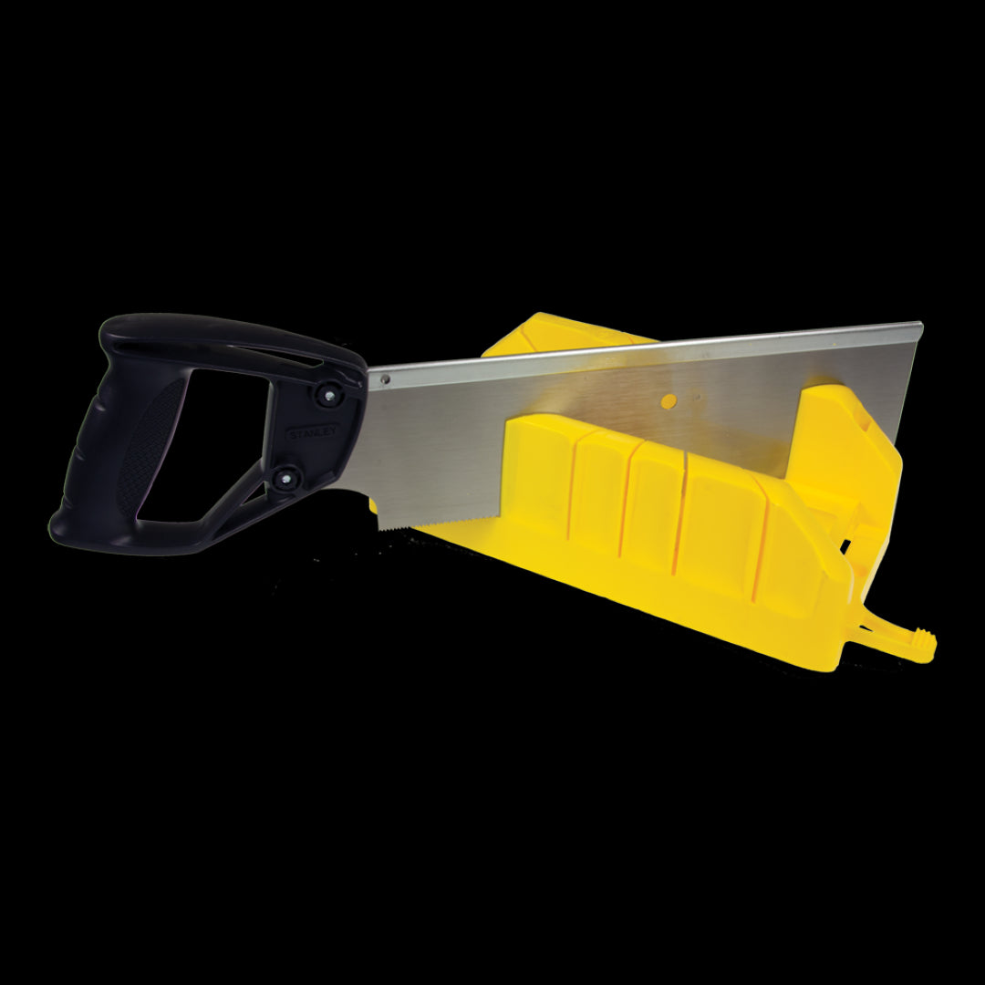 STANLEY Plastic Mitre Box with Backsaw for precise 45-degree and 90-degree cuts, ideal for woodworking and DIY projects.