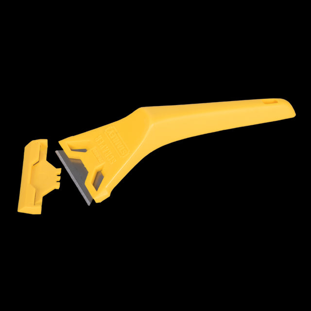 STANLEY Window Scraper with plastic handle, replaceable blades, and safety guard, ideal for cleaning windows and removing ice.