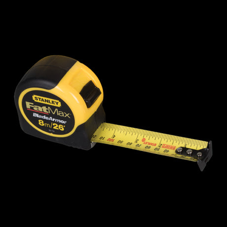 Heavy-duty STANLEY 8m Fatmax Tape measure with wide blade, ergonomic grip, and durable design for accurate measurements.