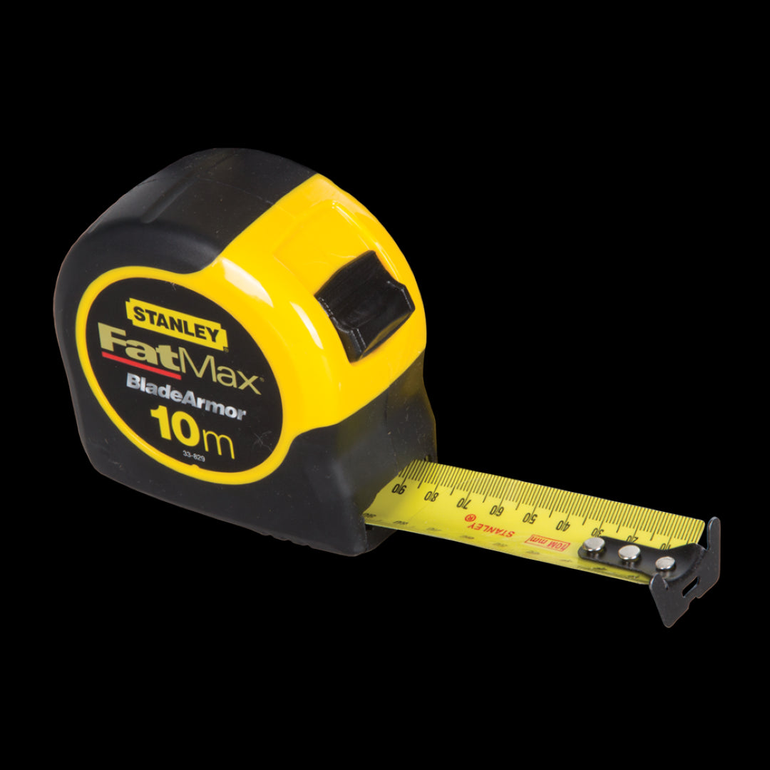 STANLEY 10m FatMax Blade Armor Tape with durable coating, ergonomic grip, and clear markings for precise measurements.