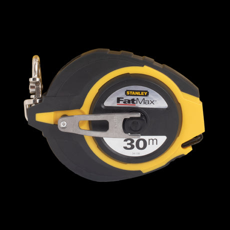 "STANLEY 30m Fatmax Long Steel Tape measure, featuring durable steel blade, easy-to-read markings, and sturdy grip for accurate measurements."