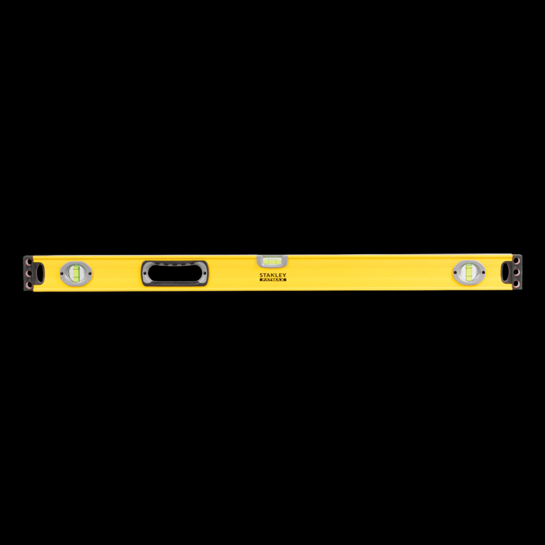 STANLEY 900mm Fatmax Box Builders Level with three vials for precise horizontal, vertical, and 45-degree measurements.