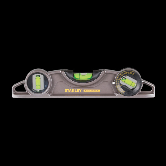 STANLEY 225mm Fatmax Xtreme Torpedo Level with three vials for precise horizontal, vertical, and 45-degree measurements.