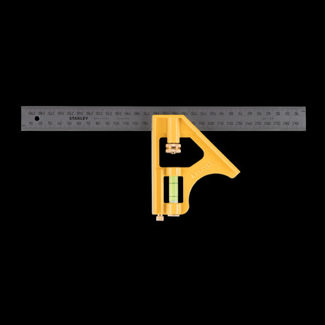 STANLEY 300mm Combination Square featuring a stainless steel ruler, spirit level, and ergonomic design for precise measurements.