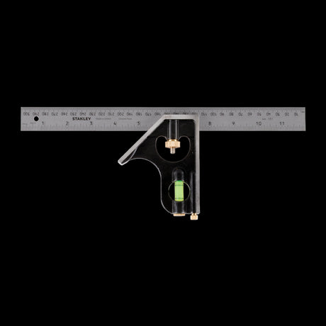 STANLEY 300mm Combination Square featuring a stainless steel ruler and durable cast iron body for precise measurements.