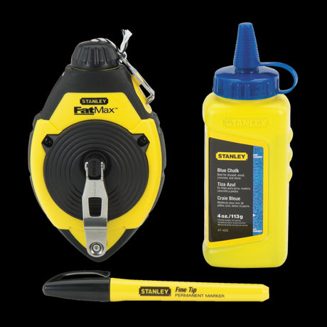 STANLEY Chalk Line Marker Set featuring a 30m reel, fast return mechanism, 110g chalk refill, and line level for precise marking.