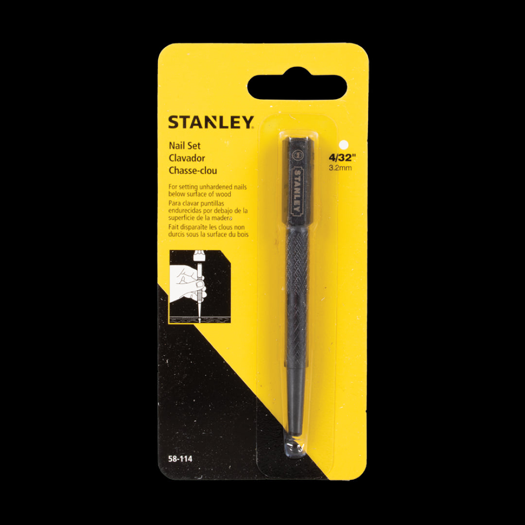 STANLEY 4/32" Steel Nail Set featuring a hardened cupped point for precise nail placement and a square head to prevent rolling.