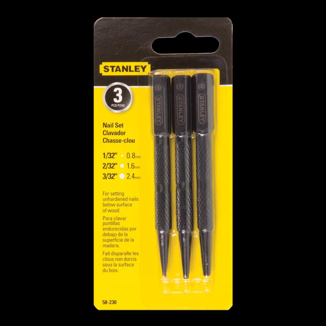 STANLEY Nail Set - 3 Pack, precision punches for driving nail heads below wood, ensuring a flawless finish in woodworking projects.