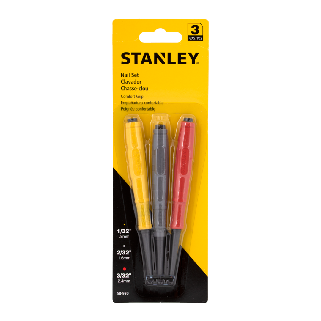 STANLEY Dynagrip Nail Set - 3pc: Ergonomic nail punches for precise nail head setting, enhancing woodworking finish and comfort.