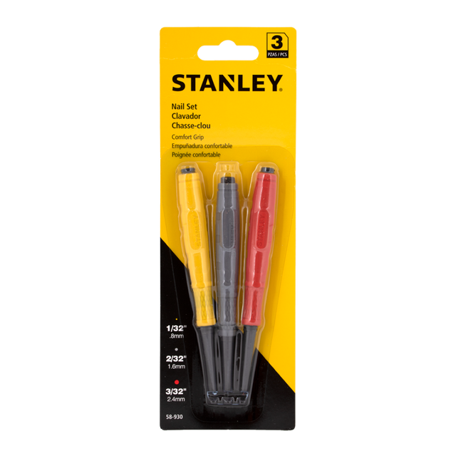 STANLEY Dynagrip Nail Set - 3pc: Ergonomic nail punches for precise nail head setting, enhancing woodworking finish and comfort.