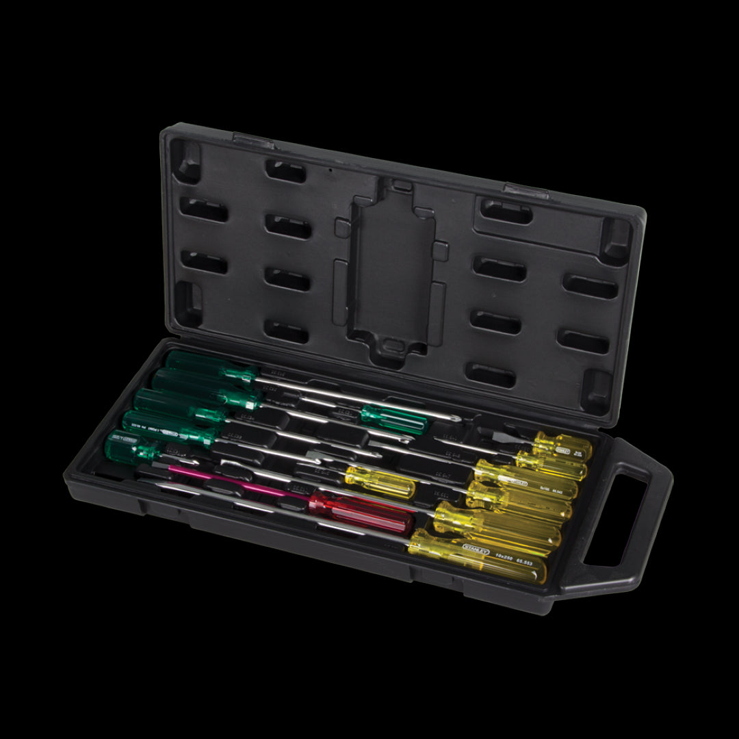 STANLEY 14pc Acetate Screwdriver Set with color-coded handles, durable steel blades, and comfortable grips for precision tasks.