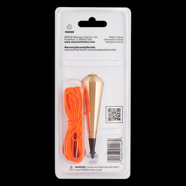 SWANSON 8oz Brass Plumb Bob featuring a solid brass body, hardened steel tip, and 20ft fluorescent orange string for precise vertical alignment.