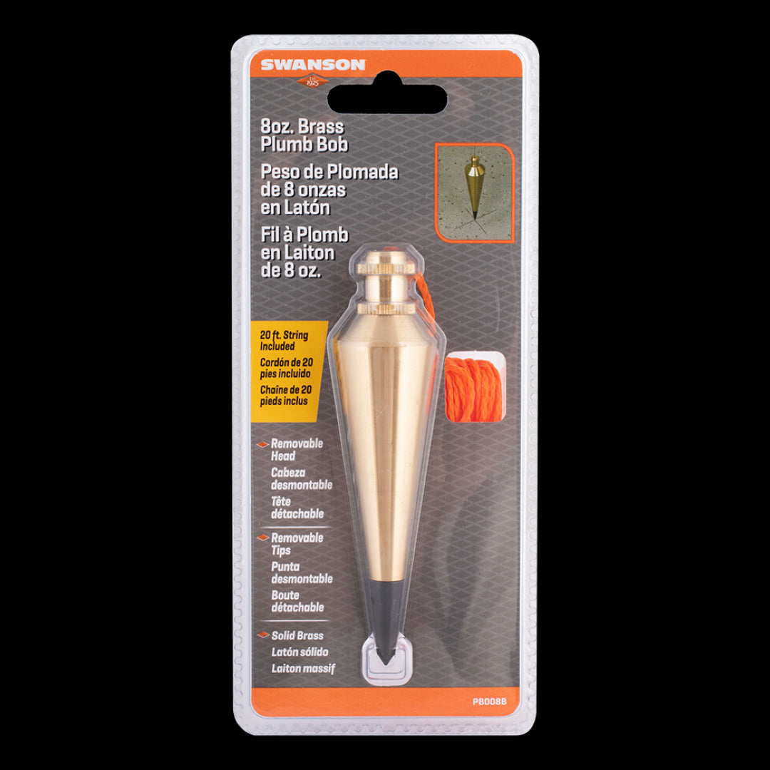 SWANSON 8oz Brass Plumb Bob with replaceable steel tip and 20ft orange string for precise vertical measurements.