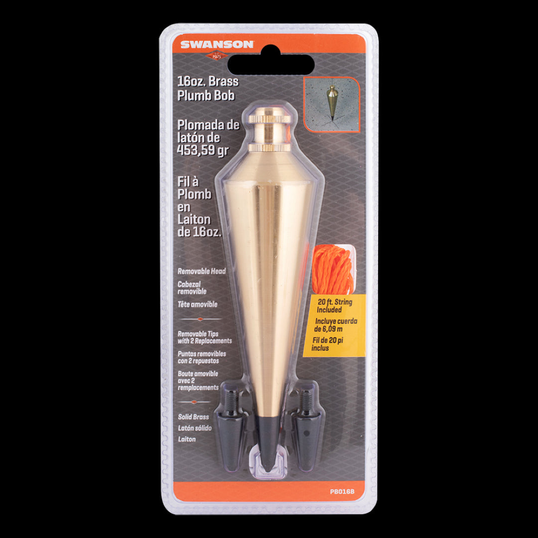 SWANSON 16oz Brass Plumb Bob for precise vertical measurements, featuring durable brass, steel tip, and 20ft orange string.