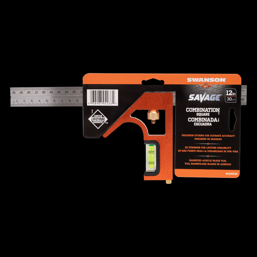 SWANSON Savage™ Combination Square with stainless steel blade, durable aluminum frame, and precise metric markings for accurate carpentry.