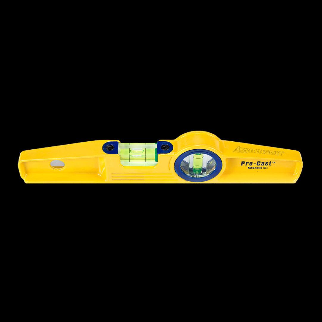 Swanson 250mm Pro-Cast Magnetic Torpedo Level with four rare earth magnets, ensuring precision and durability for leveling tasks.