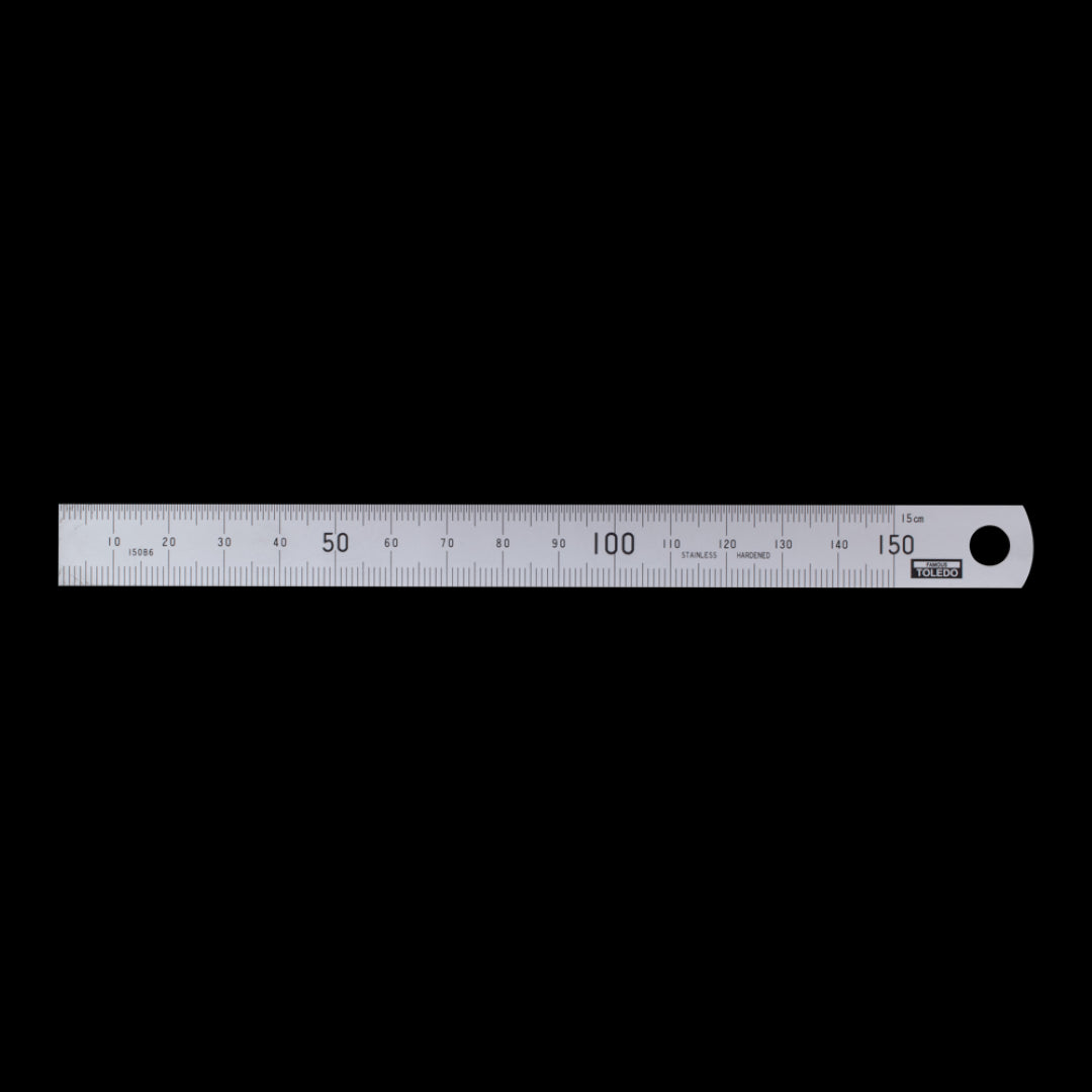 TOLEDO 150mm stainless steel rule featuring double-sided metric and imperial markings for precise measurements and durability.