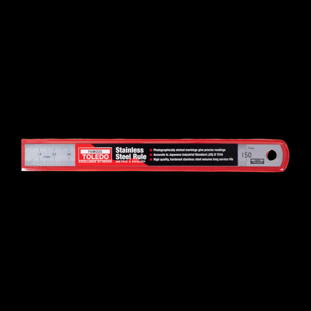 TOLEDO 150mm stainless steel rule with double-sided metric and imperial measurements, featuring clear etchings and hanging hole.