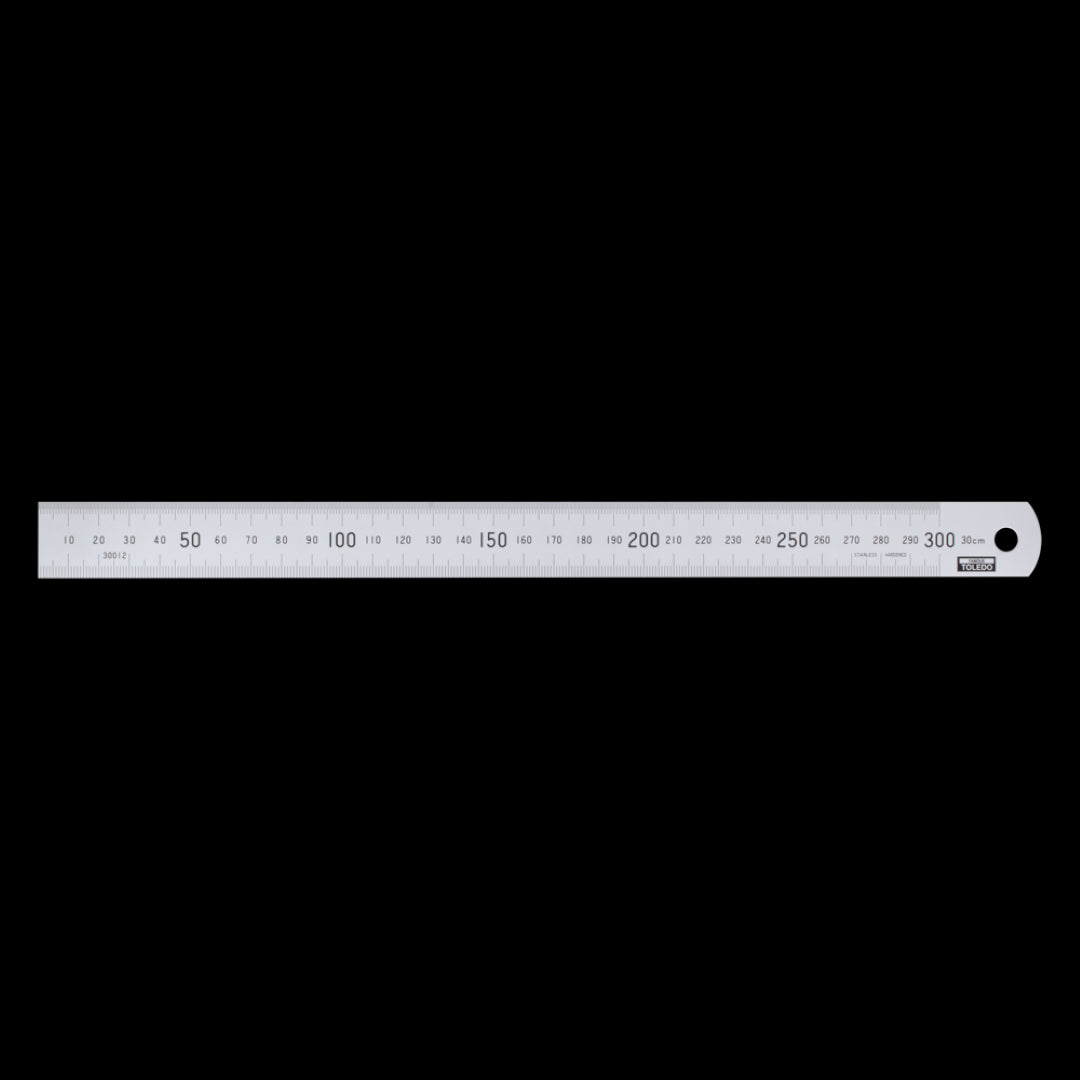 TOLEDO 300mm stainless steel rule with double-sided metric and imperial measurements, square and rounded ends, easy to read.