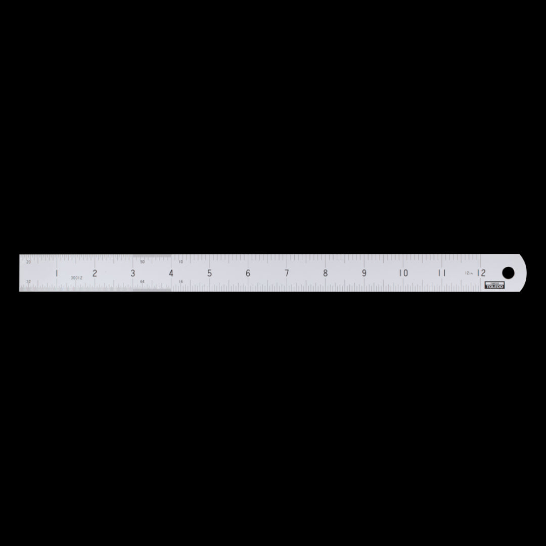 TOLEDO 300mm Stainless Steel Rule with dual metric and imperial sides, square and rounded ends, featuring precise graduations.