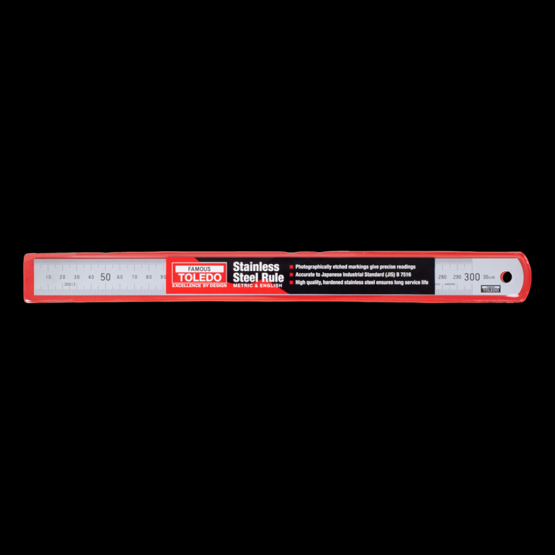 TOLEDO 300mm stainless steel ruler with dual metric and imperial measurements, featuring clear graduations and durable design.